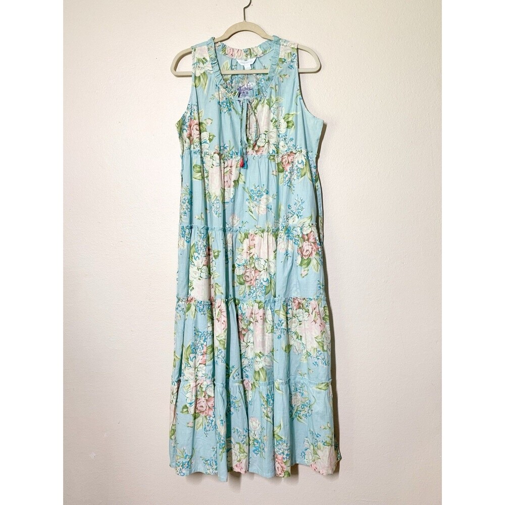 April Cornell Blanche Dress L Aqua Maxi 100% Cotton Floral Pockets Waist Tie